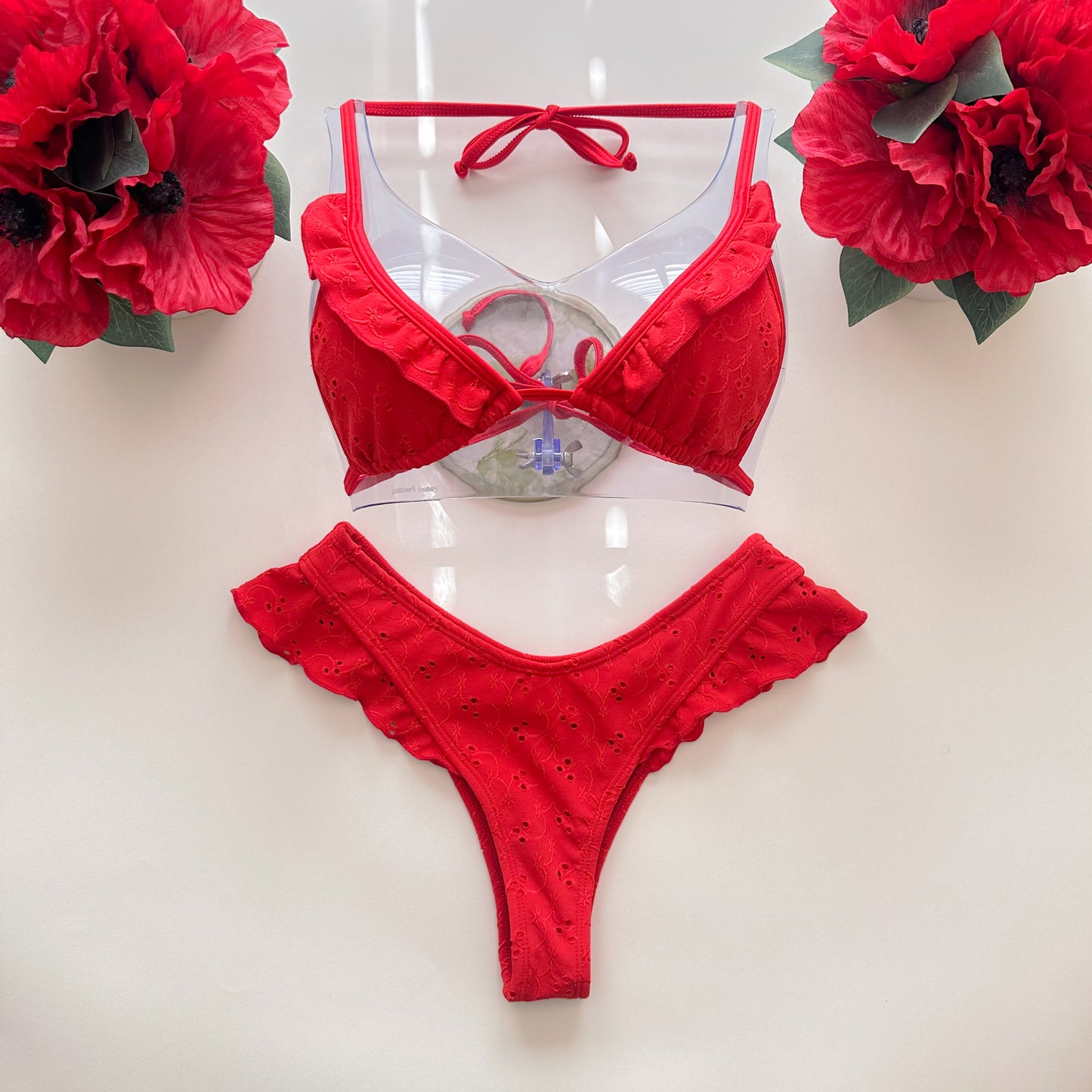 Ruffle Triangle - Red Jacquard Eyelet