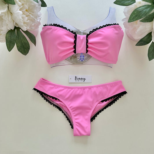Classic bandeau set and classic bottoms in pink with black trim